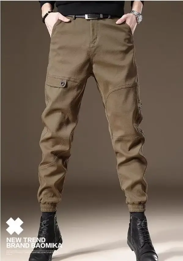 Men Fleece Lined Casual Pants Brown Winter Warm — feature 19
