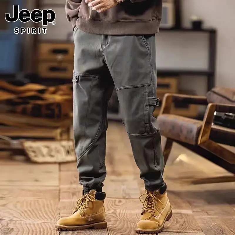 Men Fleece Lined Casual Pants Brown Winter Warm — feature 2