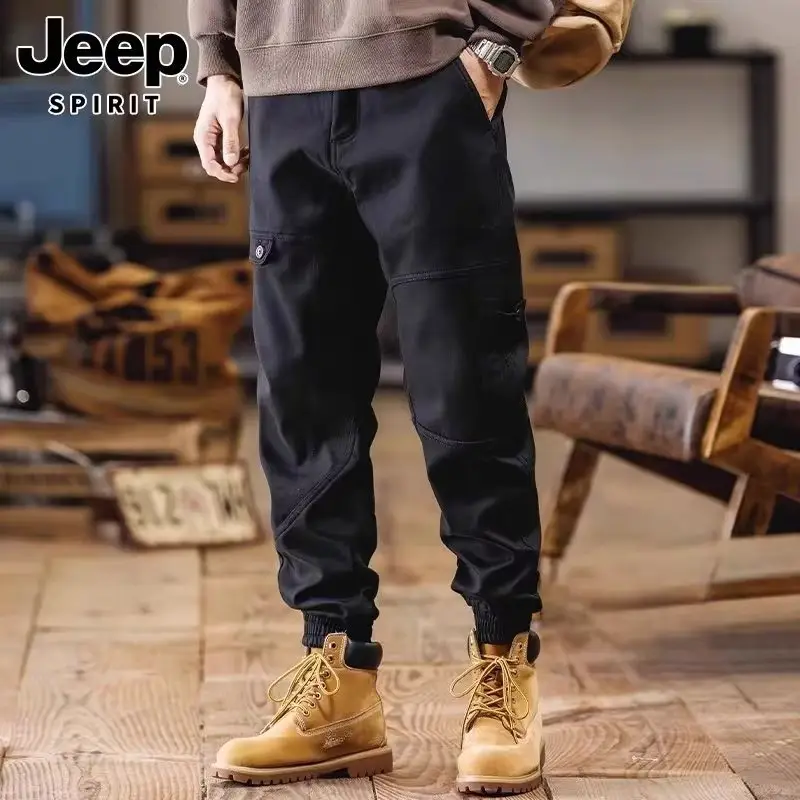 Men Fleece Lined Casual Pants Brown Winter Warm — feature 3
