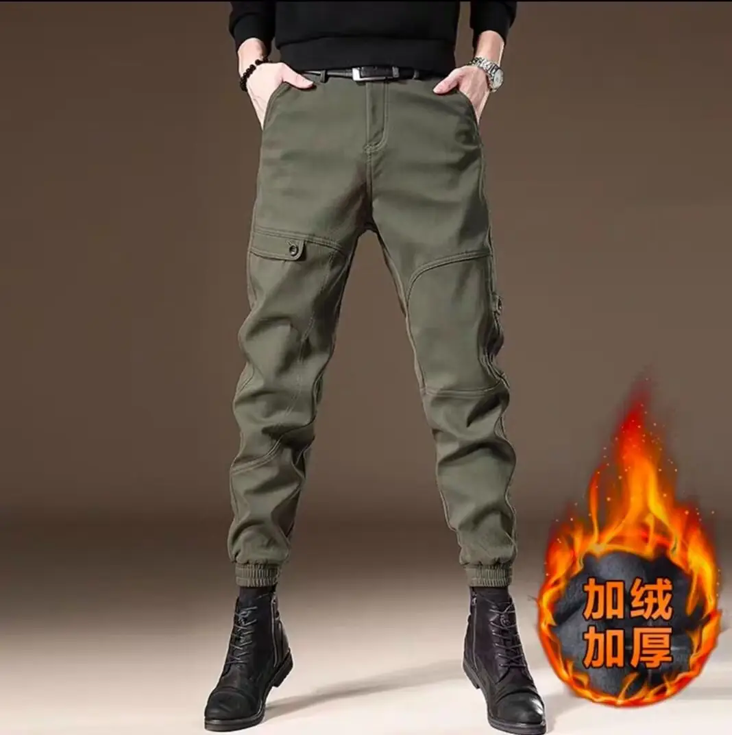 Men Fleece Lined Casual Pants Brown Winter Warm — feature 8