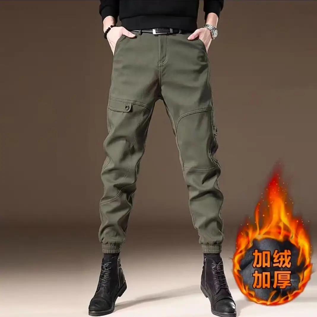 Men Fleece Lined Casual Pants Brown Winter Warm - Image 5