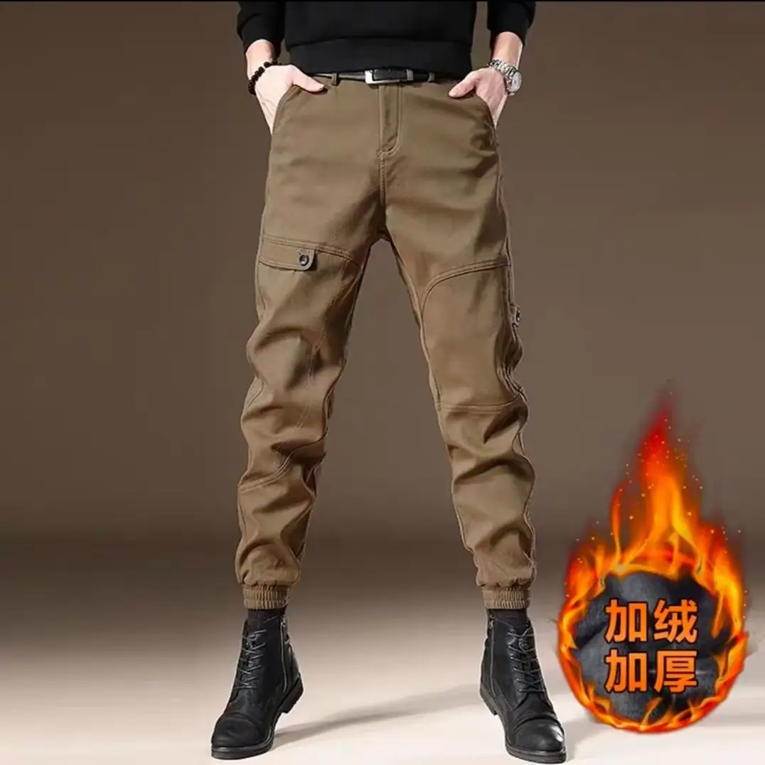 Men Fleece Lined Casual Pants Brown Winter Warm - Image 6
