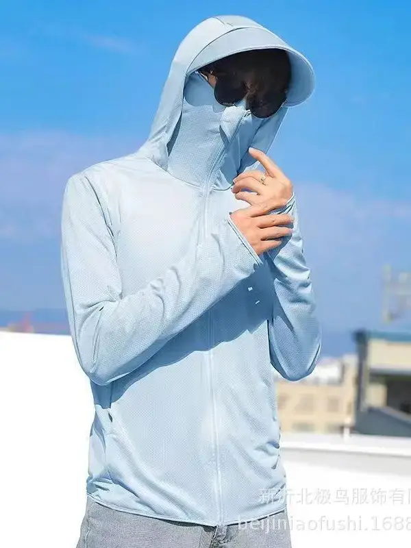 Men Ice Silk Hoodie Light Blue Summer Sun Protection — feature 9