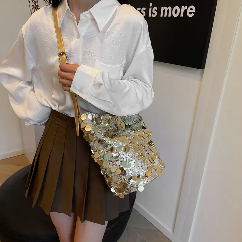 Women Sequin Crossbody Bag Large Capacity Gold Sparkle