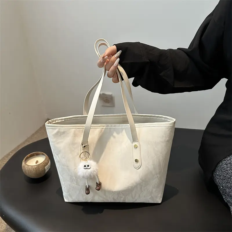 Women's White Canvas Shoulder Bag with Pom Pom Charm - Image 6