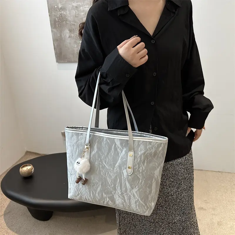 Women's White Canvas Shoulder Bag with Pom Pom Charm - Image 7