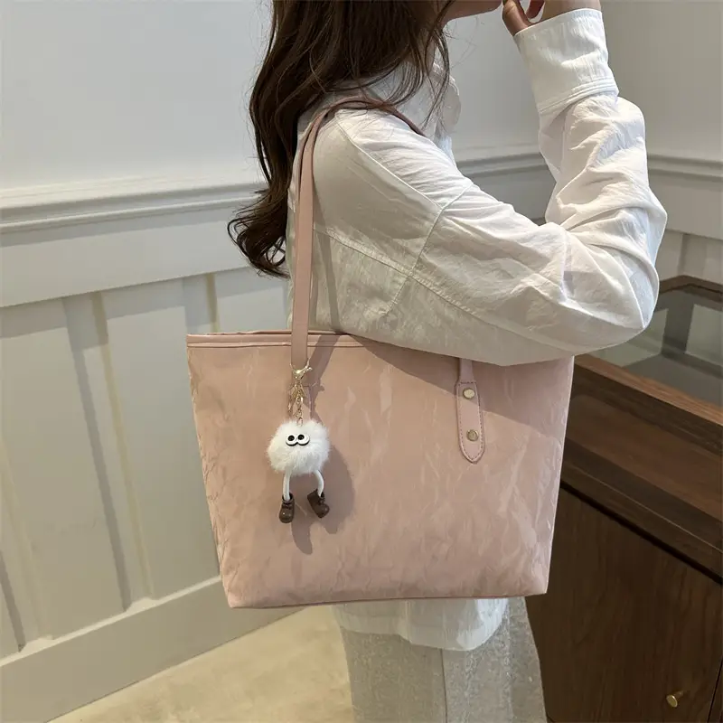 Women's White Canvas Shoulder Bag with Pom Pom Charm - Image 8