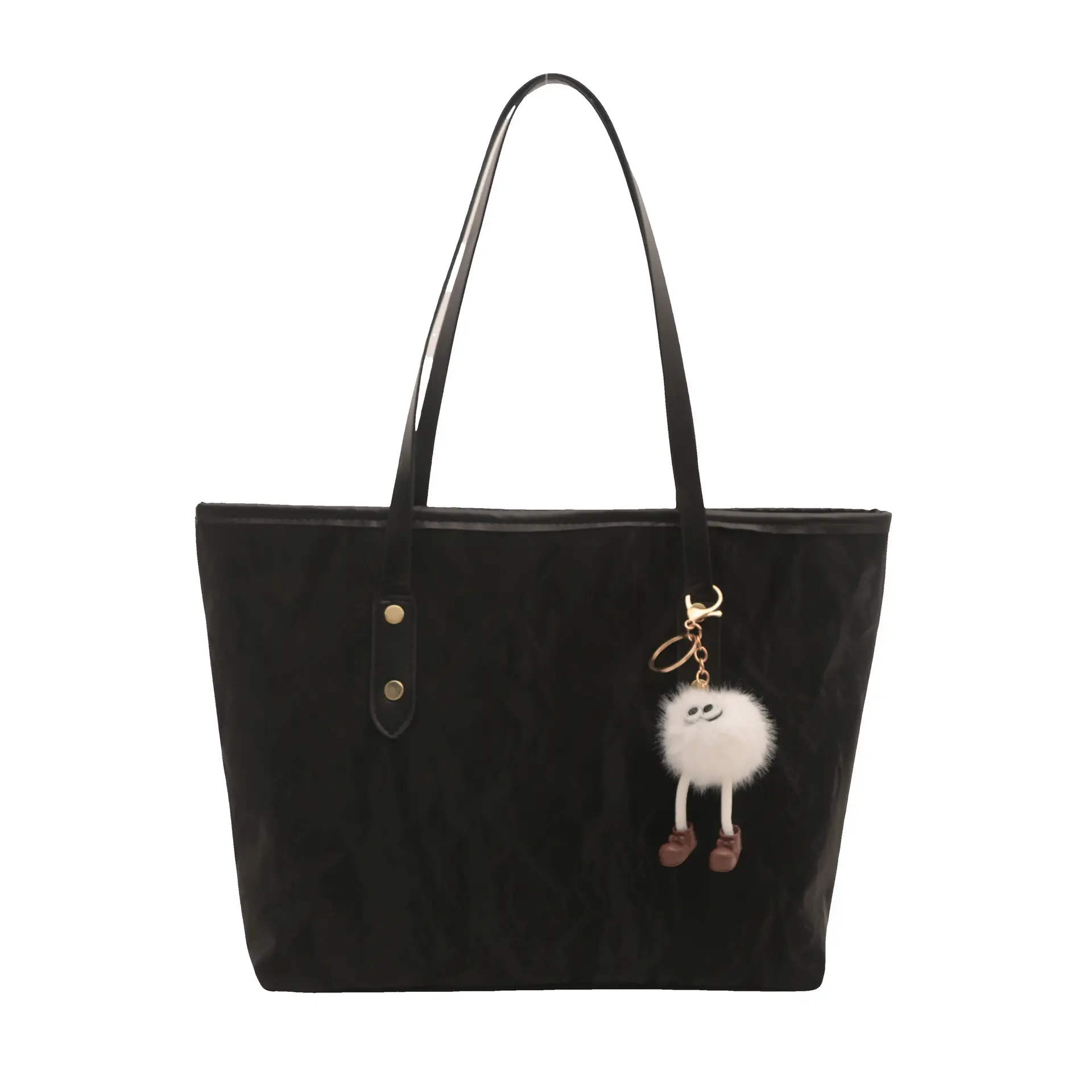 Women's White Canvas Shoulder Bag with Pom Pom Charm - Image 9