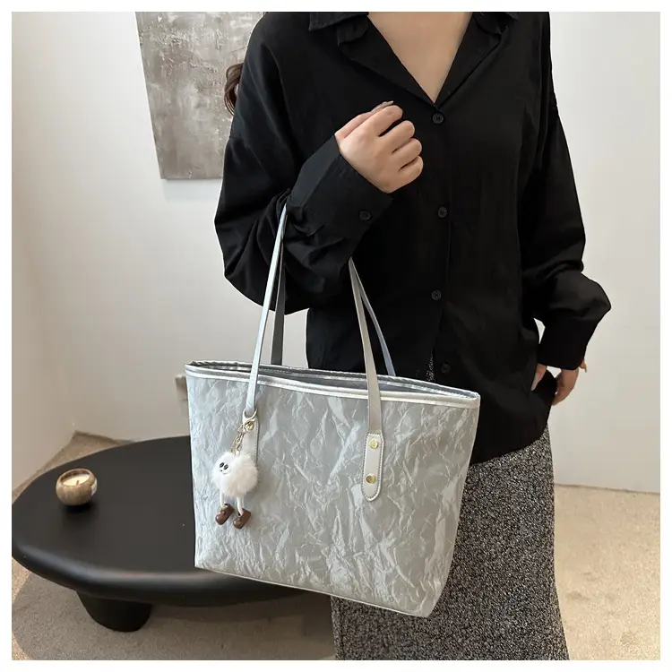 Women's White Canvas Shoulder Bag with Pom Pom Charm — feature 11