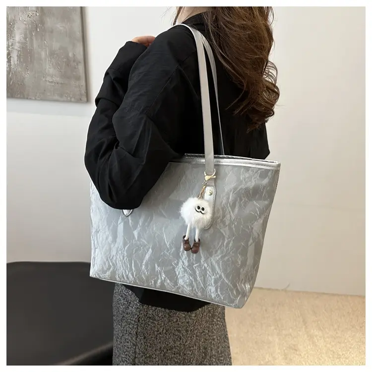 Women's White Canvas Shoulder Bag with Pom Pom Charm — feature 13