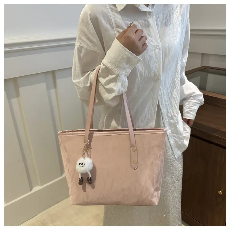 Women's White Canvas Shoulder Bag with Pom Pom Charm — feature 14