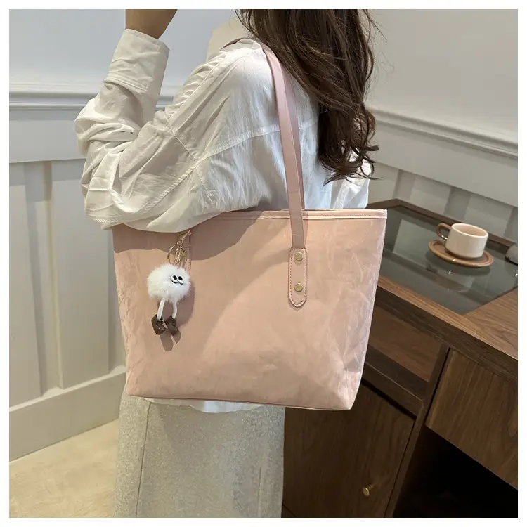 Women's White Canvas Shoulder Bag with Pom Pom Charm — feature 16