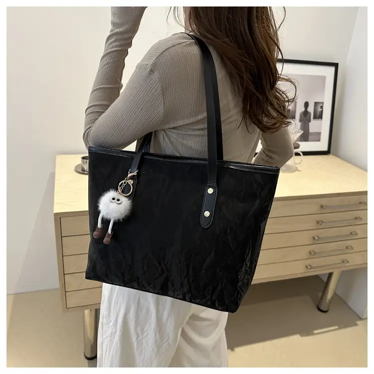 Women's White Canvas Shoulder Bag with Pom Pom Charm — feature 17