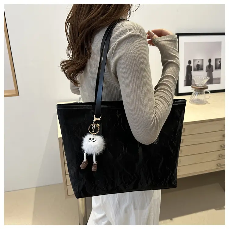 Women's White Canvas Shoulder Bag with Pom Pom Charm — feature 18
