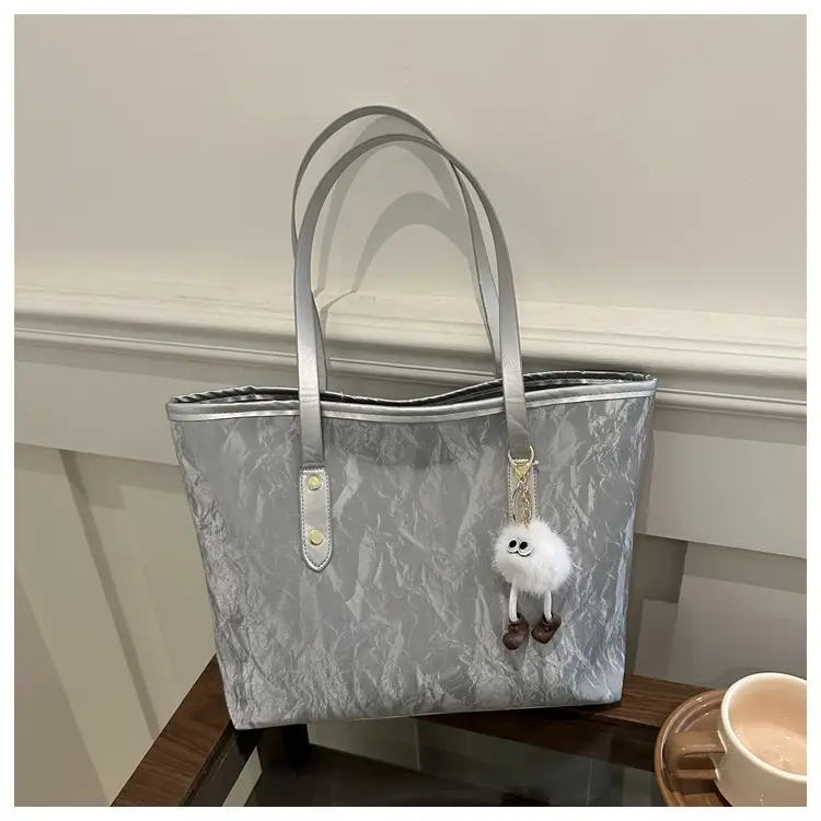 Women's White Canvas Shoulder Bag with Pom Pom Charm — feature 20