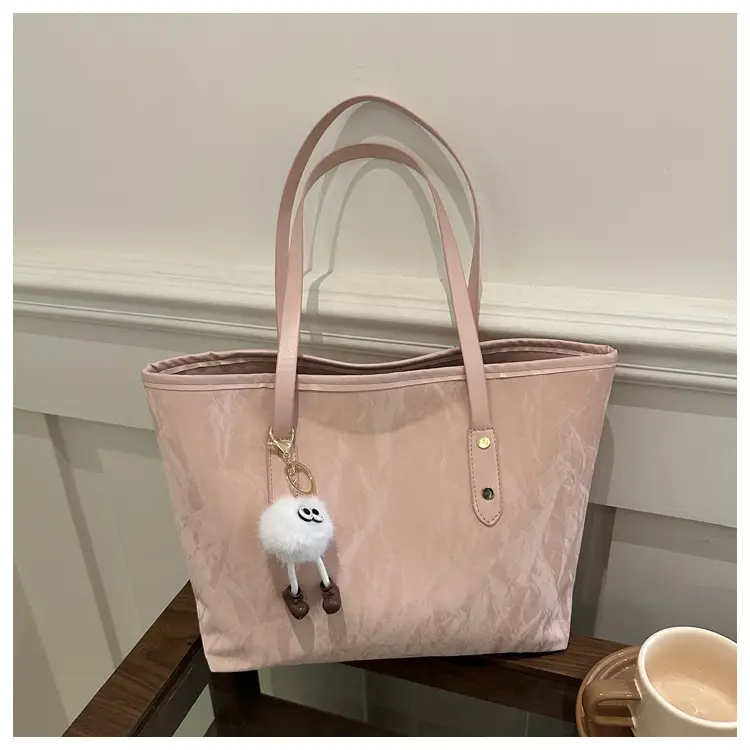 Women's White Canvas Shoulder Bag with Pom Pom Charm — feature 21