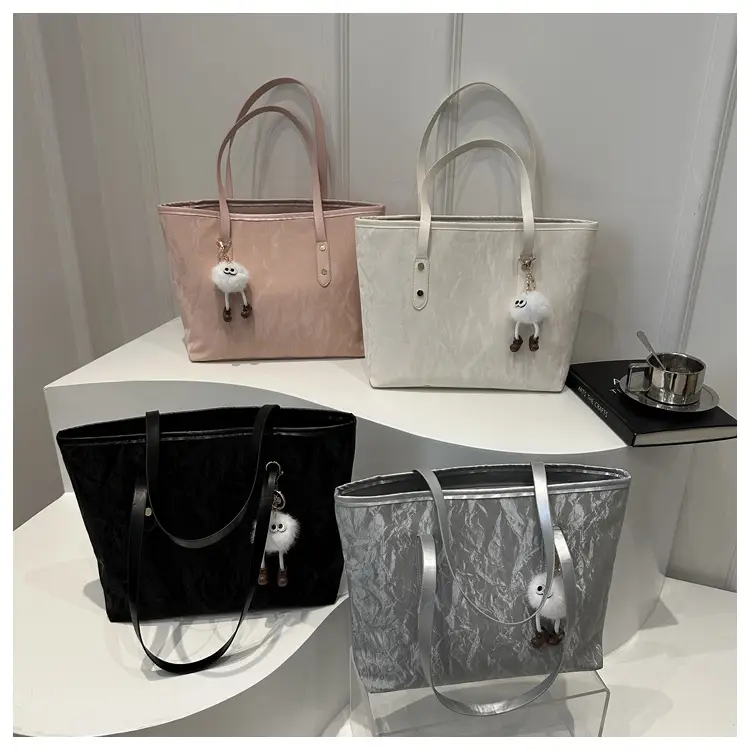 Women's White Canvas Shoulder Bag with Pom Pom Charm — feature 24