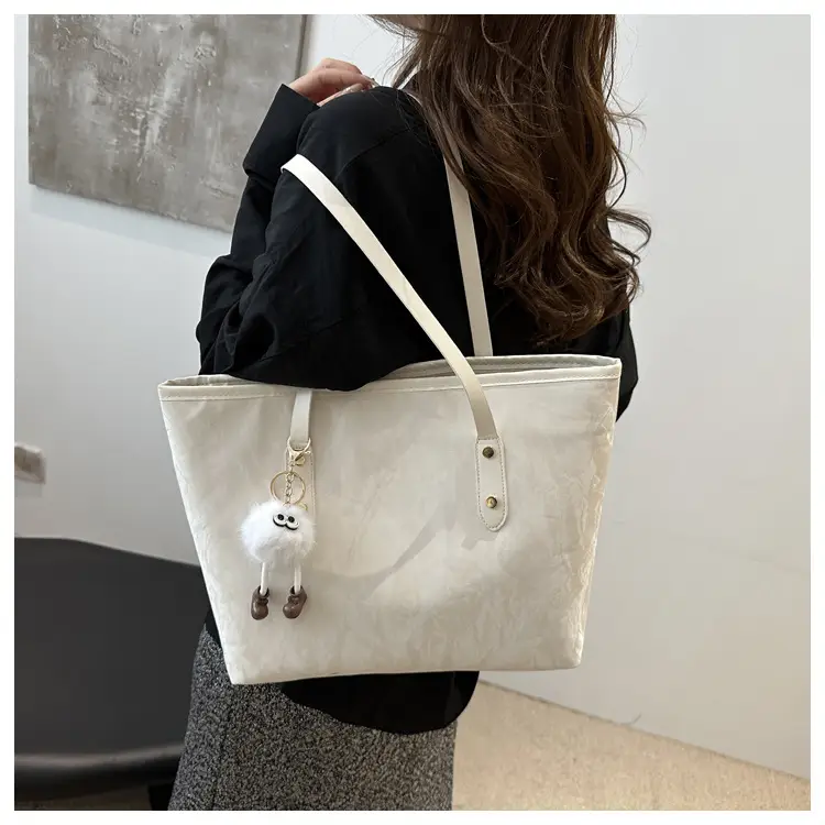 Women's White Canvas Shoulder Bag with Pom Pom Charm — feature 9
