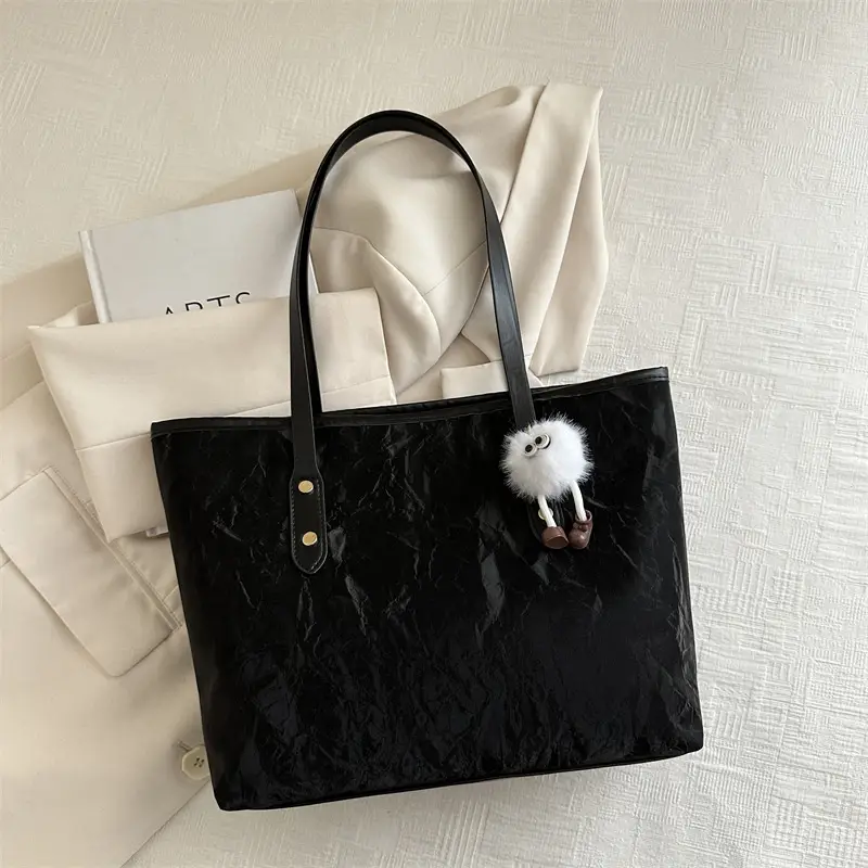 Women's White Canvas Shoulder Bag with Pom Pom Charm - Image 2