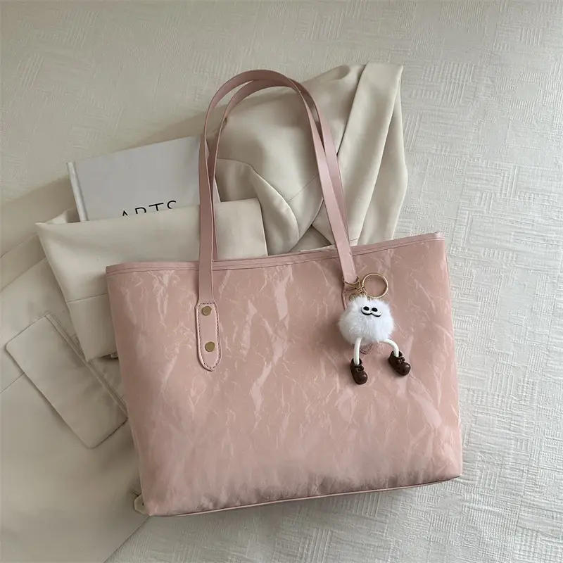 Women's White Canvas Shoulder Bag with Pom Pom Charm - Image 3