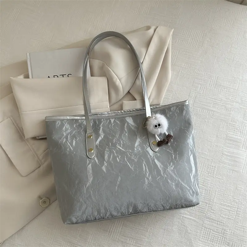 Women's White Canvas Shoulder Bag with Pom Pom Charm - Image 4