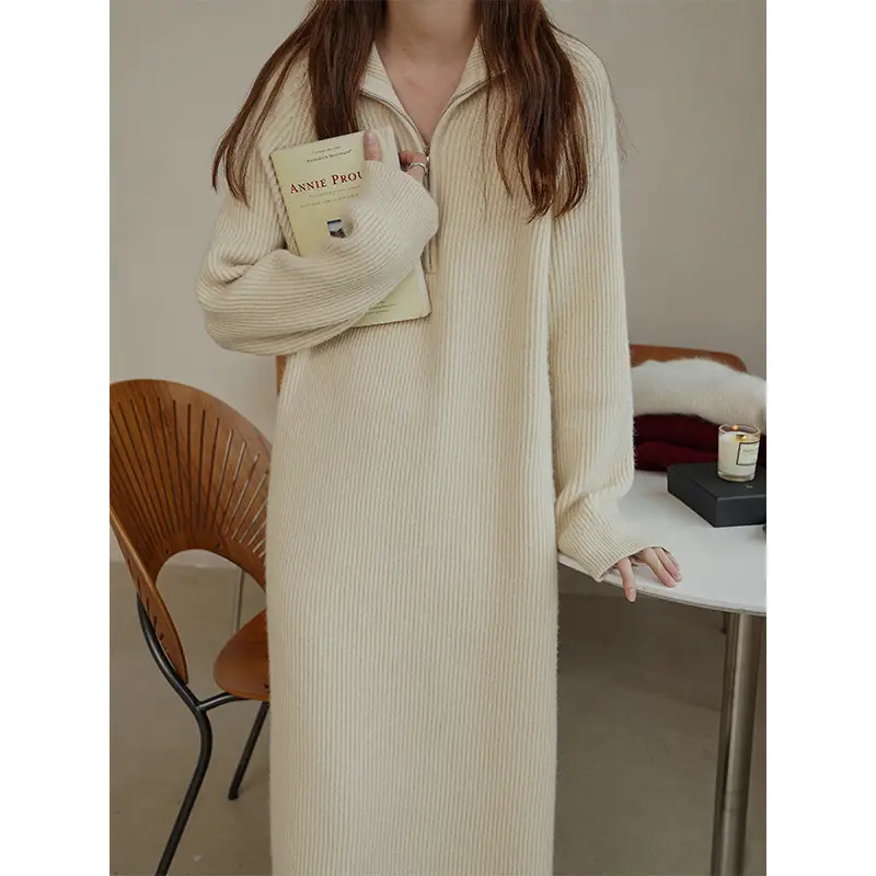 Japanese Style Lazy Over-the-Knee Lapel Dress for Women Grey