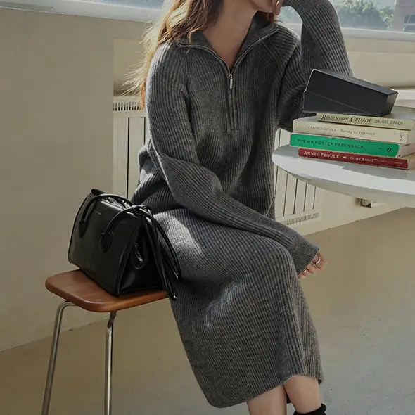 Japanese Style Lazy Over-the-Knee Lapel Dress for Women Grey