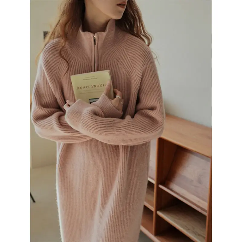 Japanese Style Lazy Over-the-Knee Lapel Dress for Women Grey