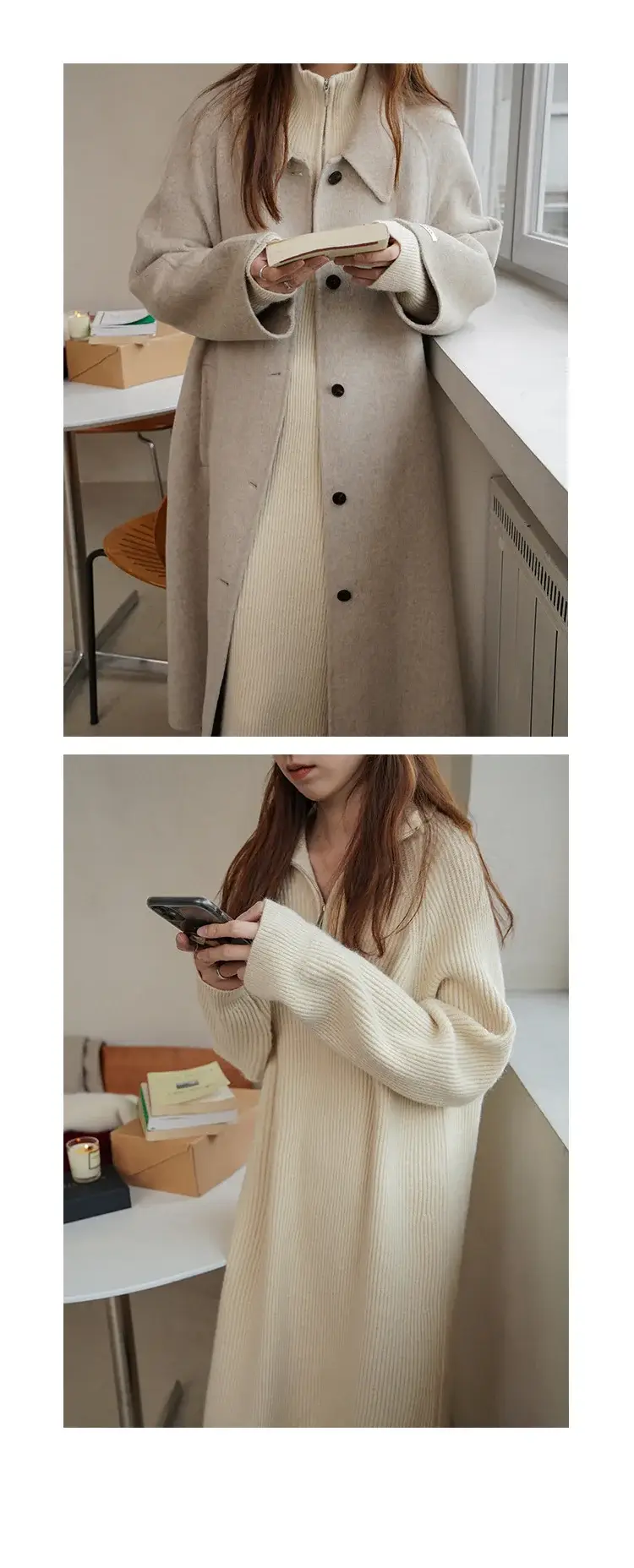 Japanese Style Lazy Over-the-Knee Lapel Dress for Women Grey — feature 10