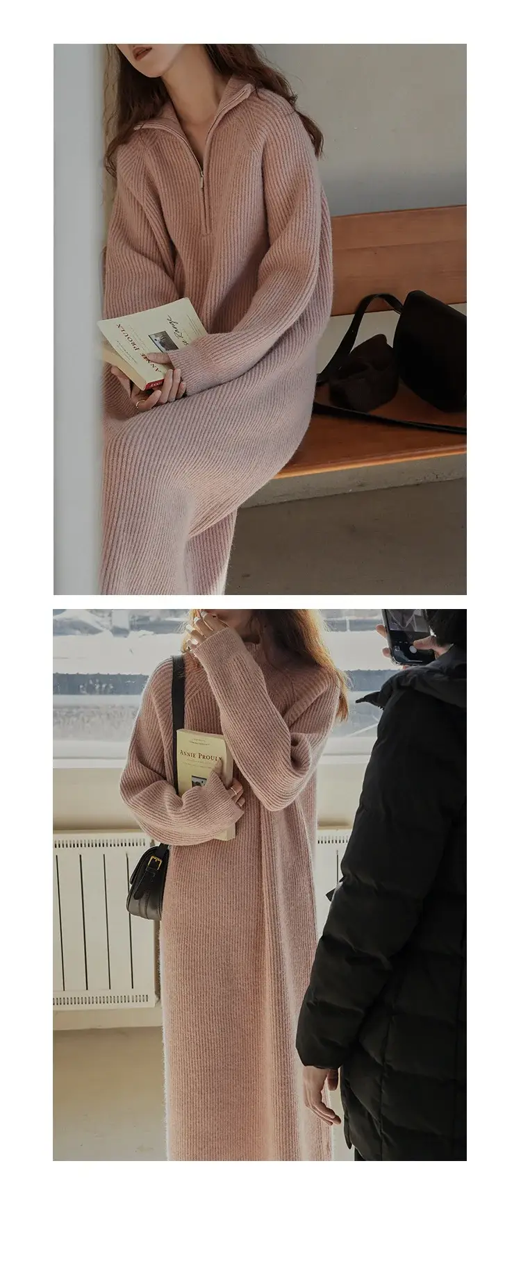 Japanese Style Lazy Over-the-Knee Lapel Dress for Women Grey — feature 12