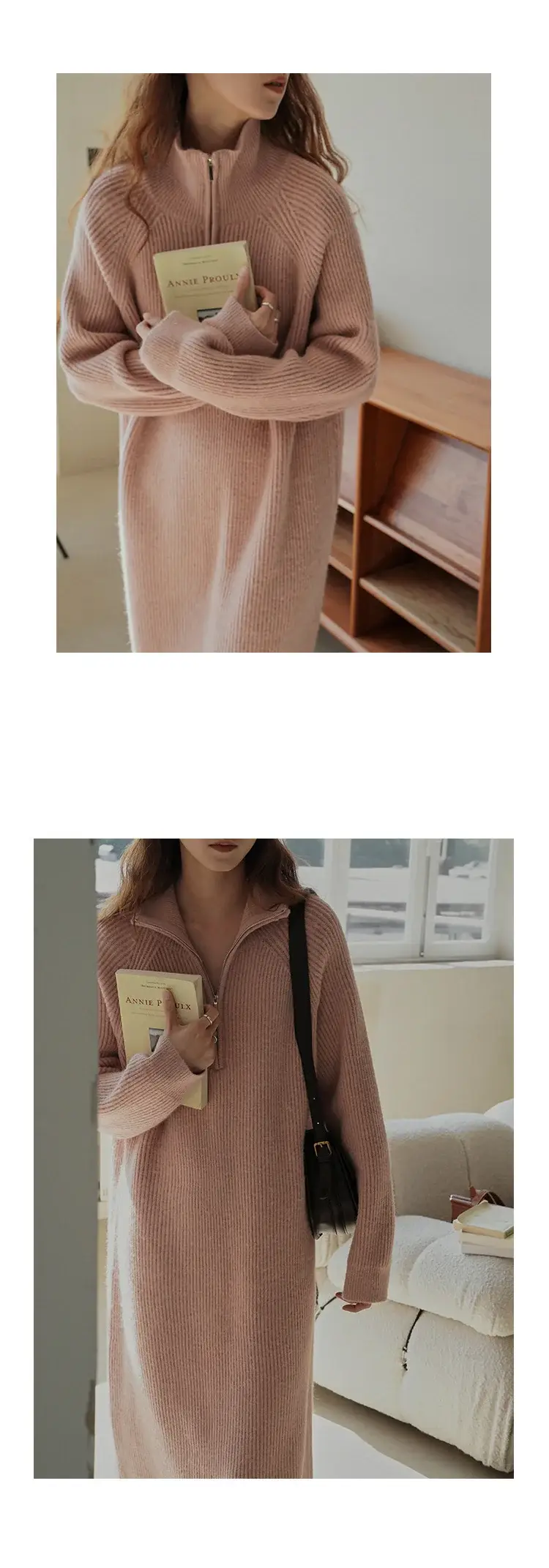 Japanese Style Lazy Over-the-Knee Lapel Dress for Women Grey — feature 13
