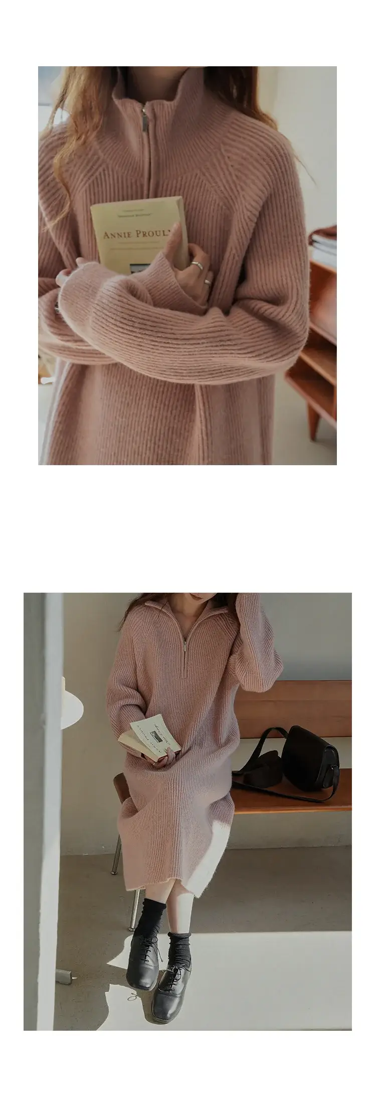 Japanese Style Lazy Over-the-Knee Lapel Dress for Women Grey — feature 14