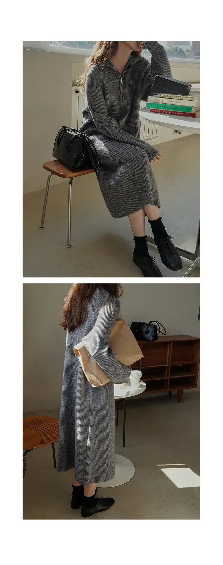 Japanese Style Lazy Over-the-Knee Lapel Dress for Women Grey — feature 16