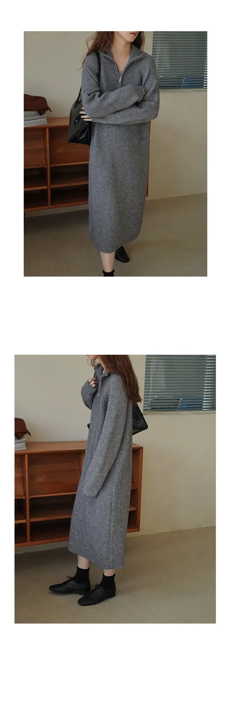 Japanese Style Lazy Over-the-Knee Lapel Dress for Women Grey — feature 17