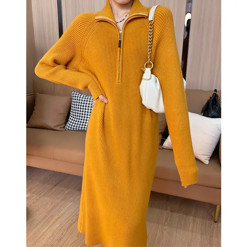 Japanese Style Lazy Over-the-Knee Lapel Dress for Women Grey — feature 9