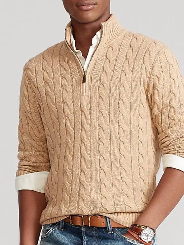 Men's Beige Twist Half-Zip Sweater Base Shirt — feature 4