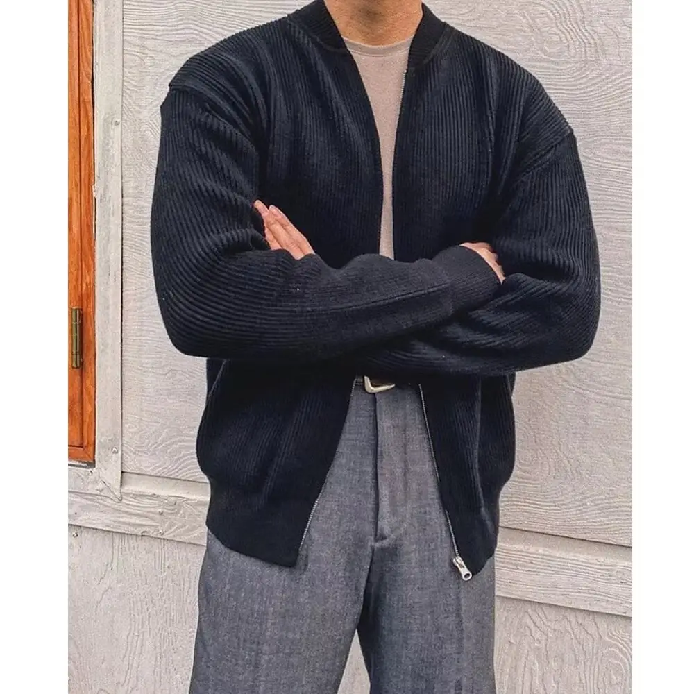 Men's Grey Knitted Full-Zip Cardigan Jacket