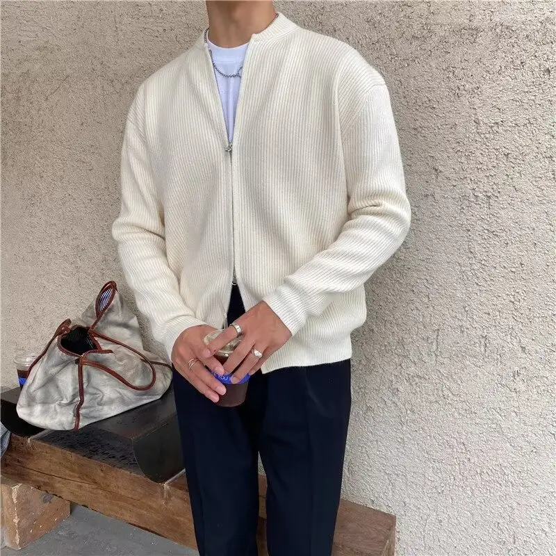 Men's Grey Knitted Full-Zip Cardigan Jacket