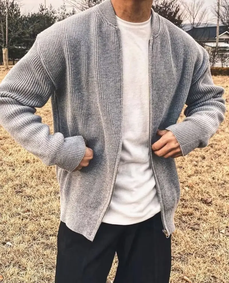 Men's Grey Knitted Full-Zip Cardigan Jacket — feature 10
