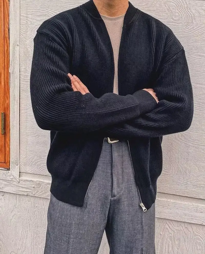 Men's Grey Knitted Full-Zip Cardigan Jacket — feature 13