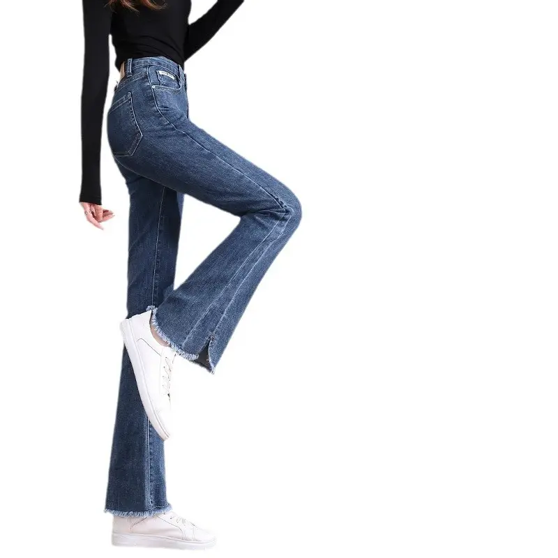 Dark Blue Ruffed Slim Fit Jeans for Women Spring Autumn 2024
