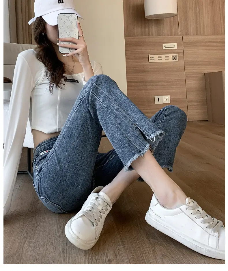 Dark Blue Ruffed Slim Fit Jeans for Women Spring Autumn 2024 — feature 8