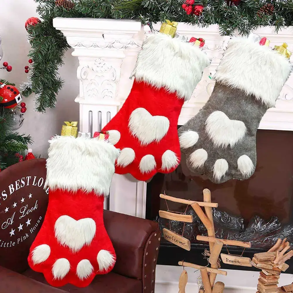 New Christmas Socks Red Gray Long Hair Dog Paw Socks - Image 4