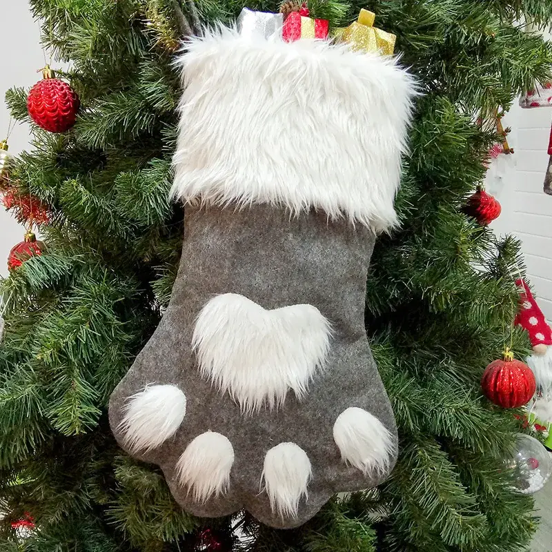New Christmas Socks Red Gray Long Hair Dog Paw Socks - Image 5