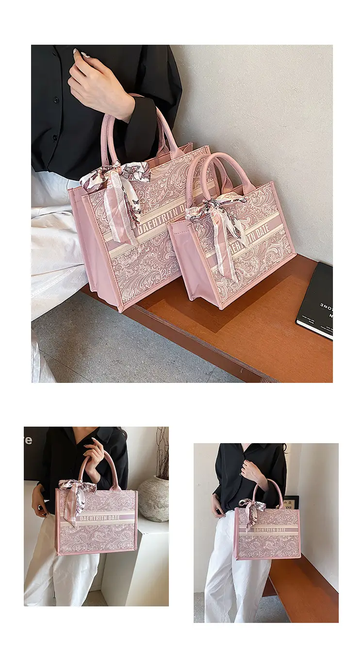 Pink Embroidered Women's Handbag Set with Bow Accents — feature 10