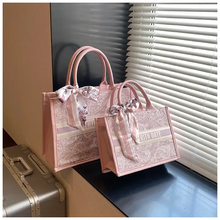 Pink Embroidered Women's Handbag Set with Bow Accents — feature 12