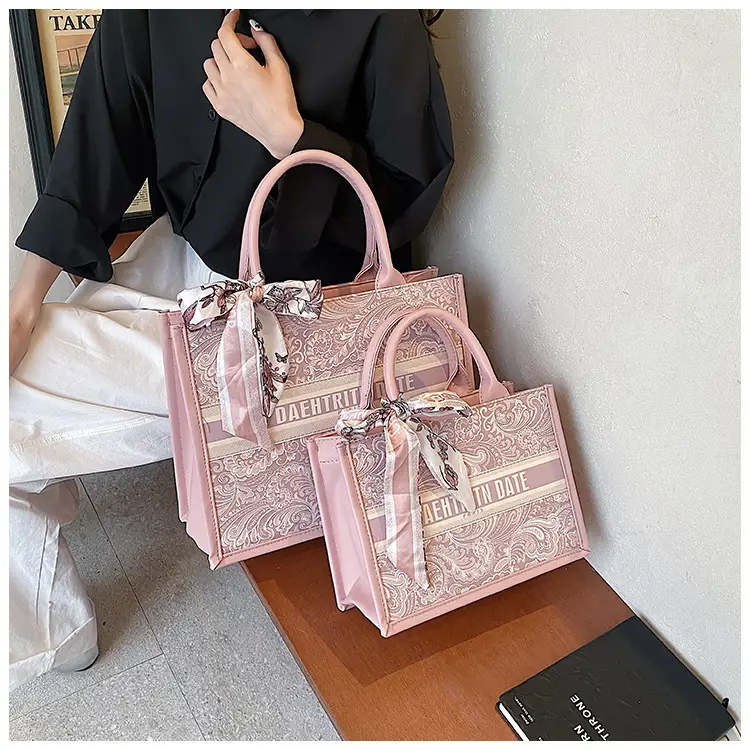 Pink Embroidered Women's Handbag Set with Bow Accents — feature 30