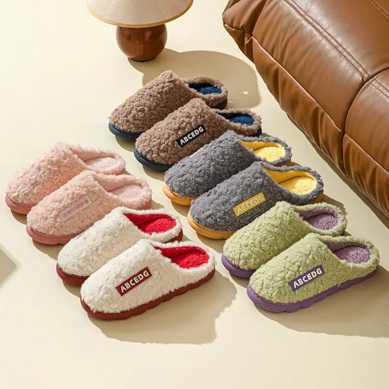Plush Cotton Slippers for Women, Winter Warm Indoor Home Slippers for Couples, Postpartum Slippers, Non-Slip Thickened Men's Slippers Wholesale