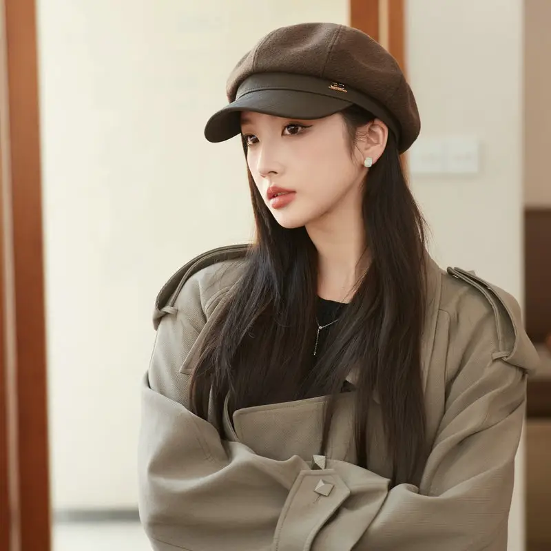 Women's White Leather Spliced Beret Hat Autumn Winter