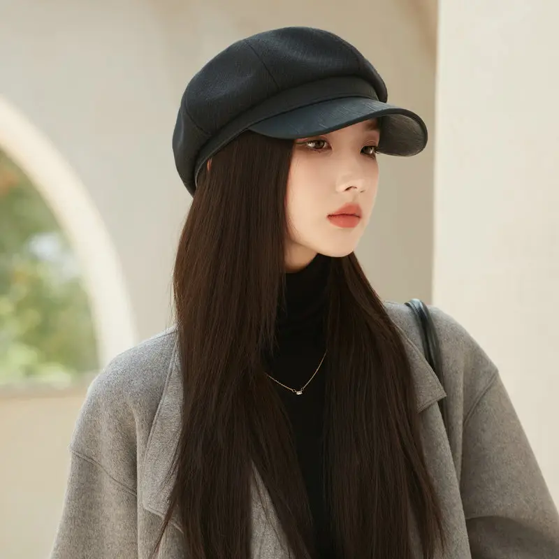 Women's White Leather Spliced Beret Hat Autumn Winter